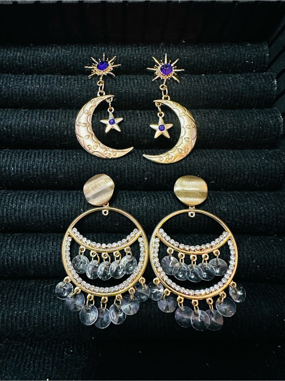 Gold Moon & Crystal Hoop Earring Set - Purple Accent